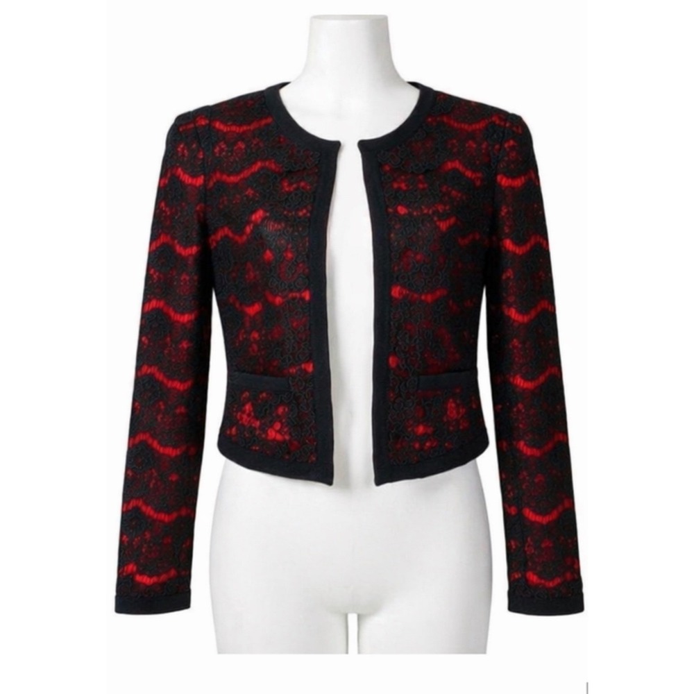 Forever 21 Small Black Lace Red Lined Cropped Jacket Corporate Goth Work Chic